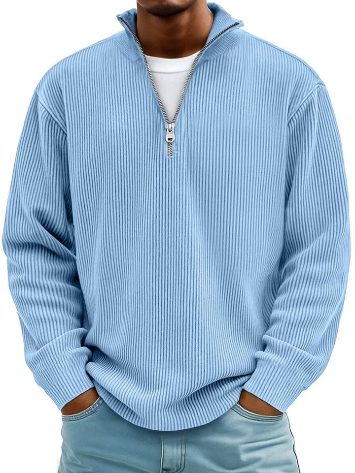 Herren Gerippter Half-Zip Stehkragen Pullover Sweatshirt - Blau