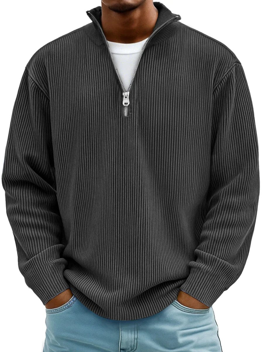 Herren Gerippter Half-Zip Stehkragen Pullover Sweatshirt - Schwarz