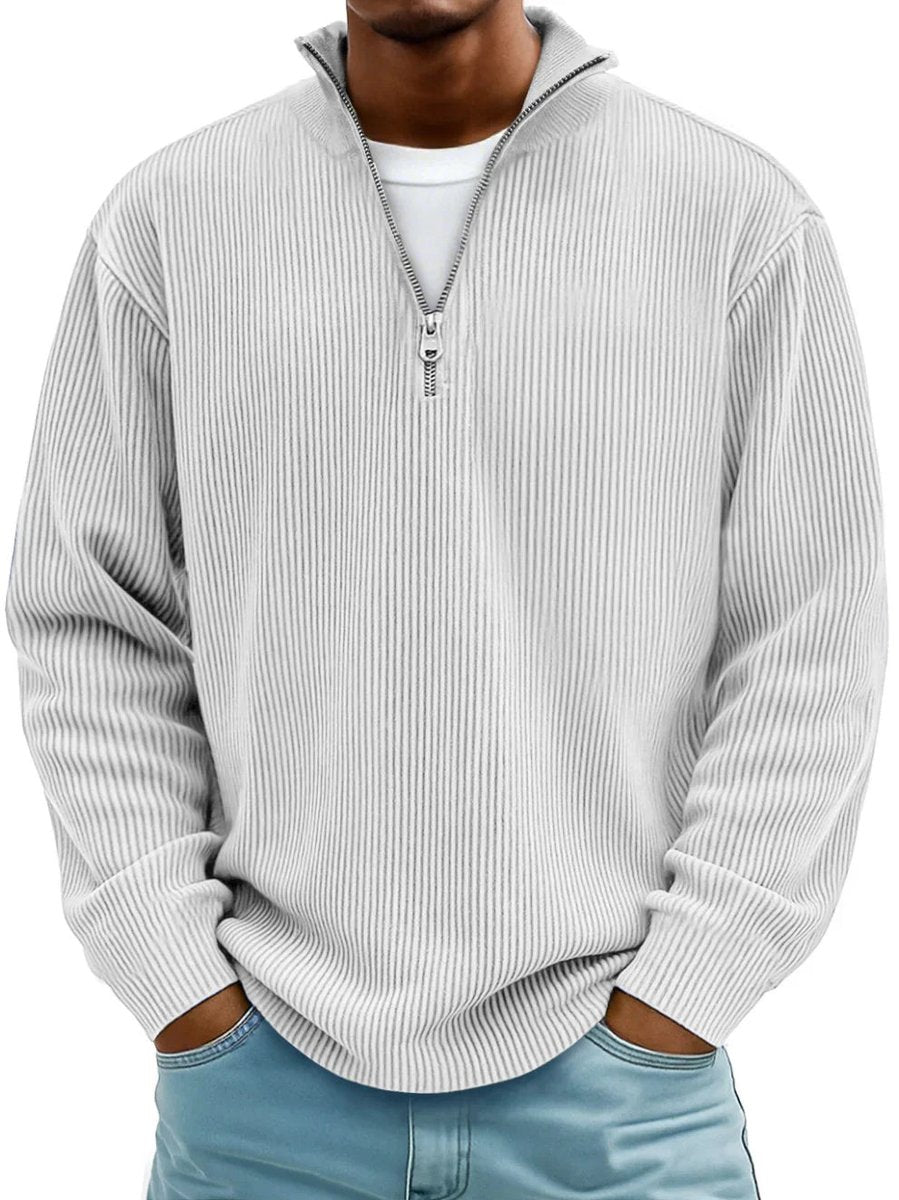Herren Gerippter Half-Zip Stehkragen Pullover Sweatshirt - Weiß