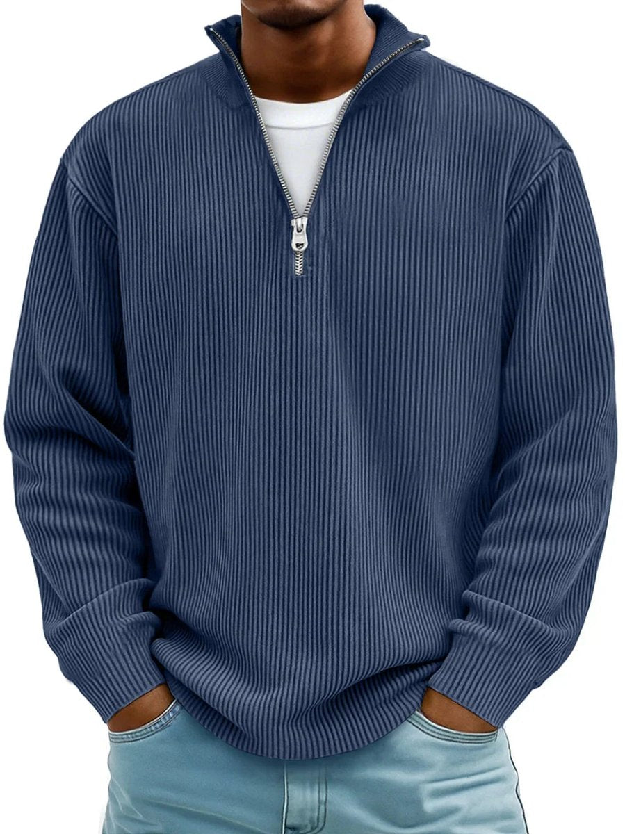 Herren Gerippter Half-Zip Stehkragen Pullover Sweatshirt - Marineblau