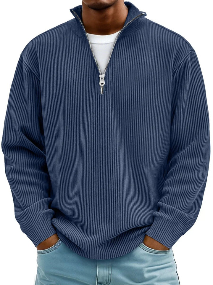 Herren Gerippter Half-Zip Stehkragen Pullover Sweatshirt - Marineblau