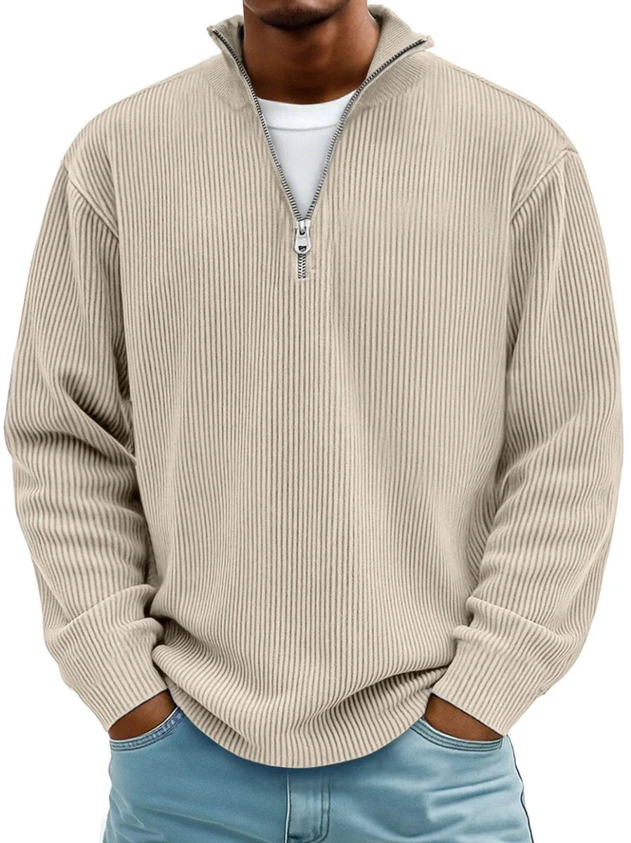 Herren Gerippter Half-Zip Stehkragen Pullover Sweatshirt - Khaki