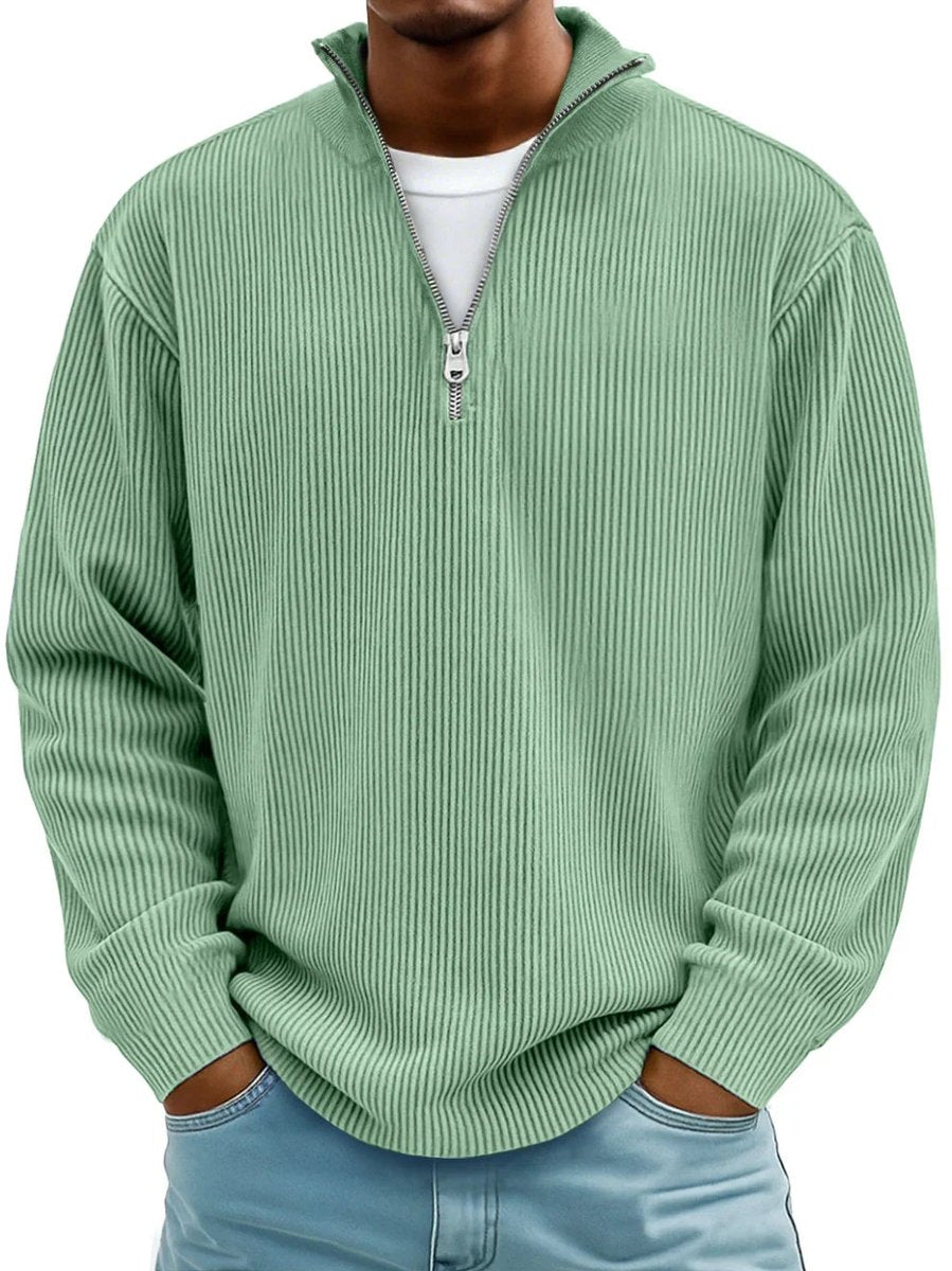 Herren Gerippter Half-Zip Stehkragen Pullover Sweatshirt - Grün
