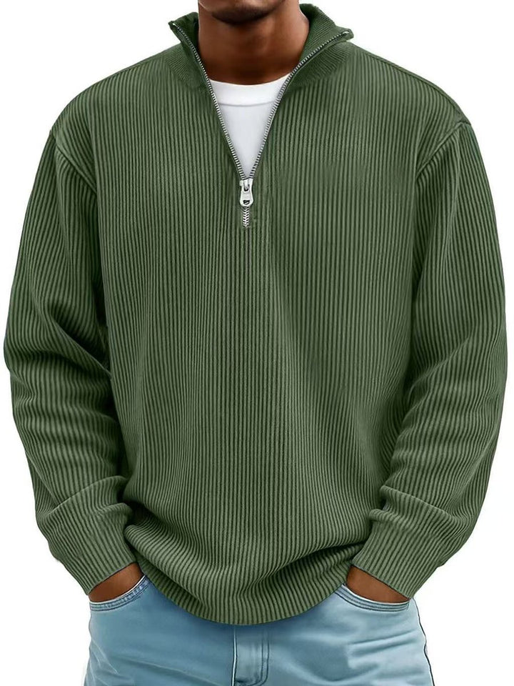 Herren Gerippter Half-Zip Stehkragen Pullover Sweatshirt - Armeegrün