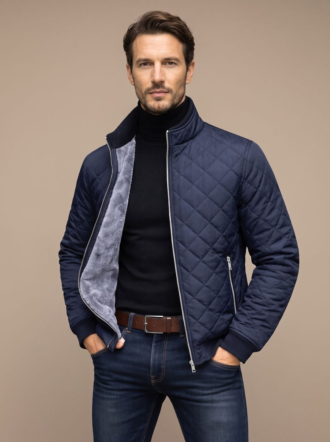 Herren Gesteppte Winterjacke mit Fleecefutter Stehkragen - Marineblau