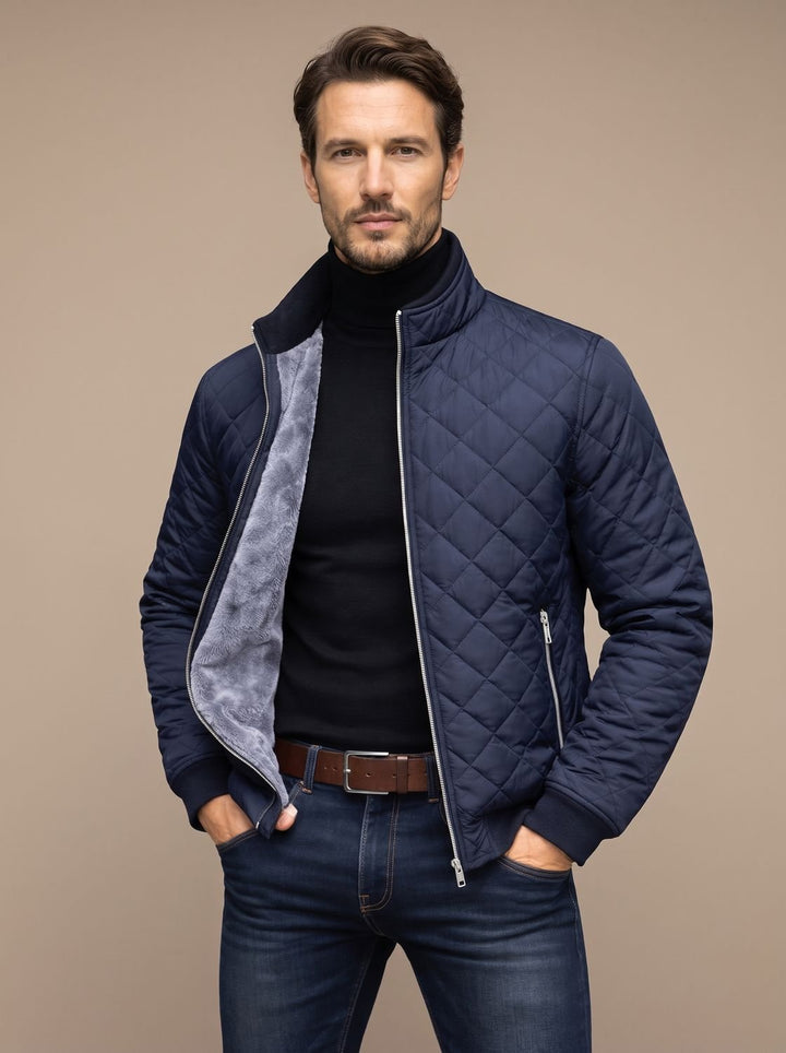 Herren Gesteppte Winterjacke mit Fleecefutter Stehkragen - Marineblau