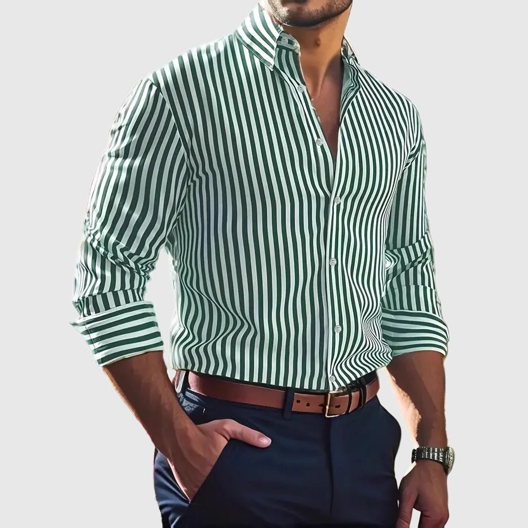 Herren Gestreiftes Langarm Hemd mit Knopfleiste - Green