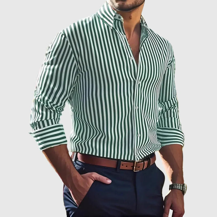 Herren Gestreiftes Langarm Hemd mit Knopfleiste - Green