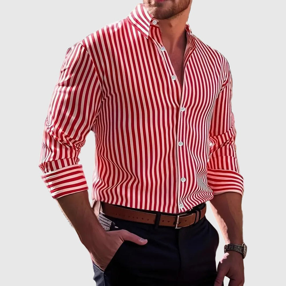 Herren Gestreiftes Langarm Hemd mit Knopfleiste - Red