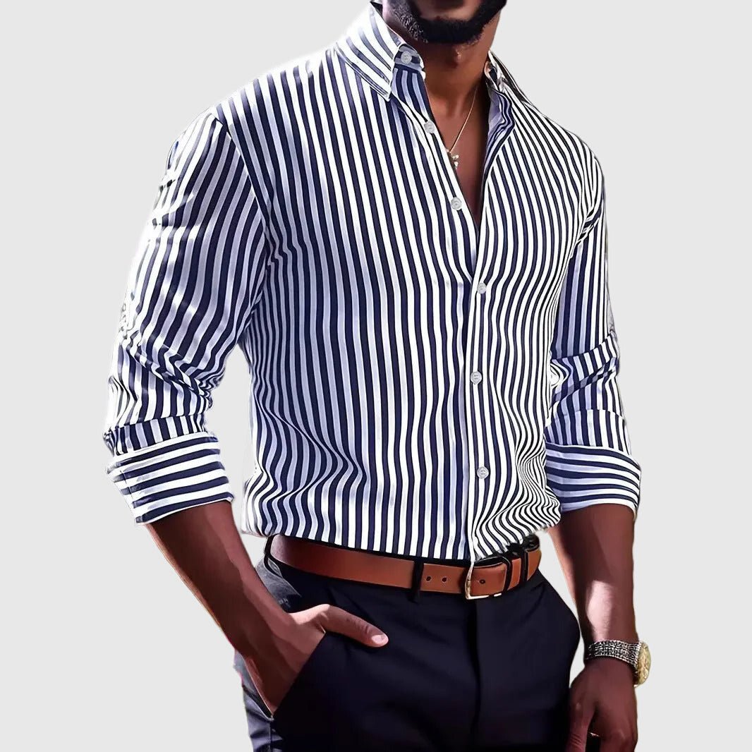 Herren Gestreiftes Langarm Hemd mit Knopfleiste - Blue