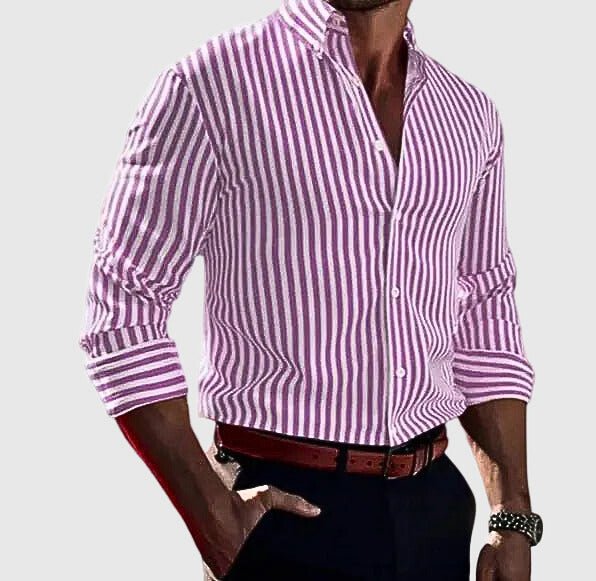 Herren Gestreiftes Langarm Hemd mit Knopfleiste - Pink
