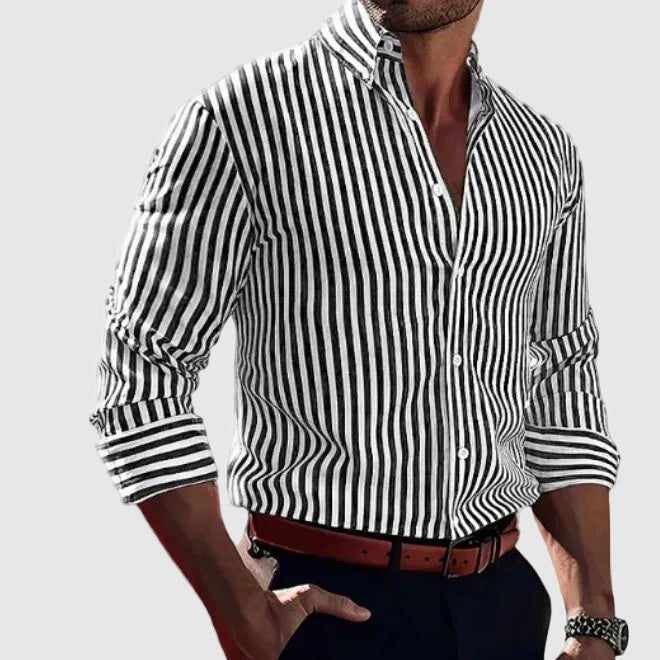 Herren Gestreiftes Langarm Hemd mit Knopfleiste - Black