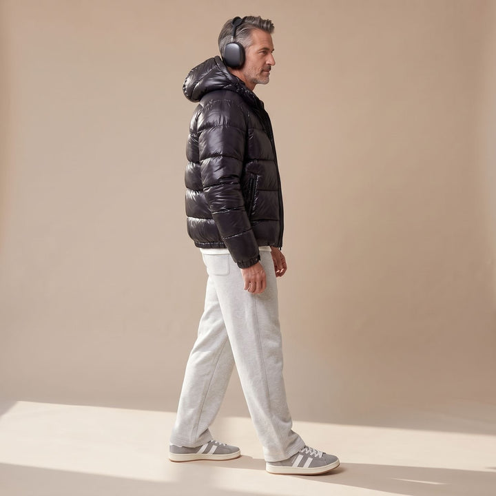 Herren Glanz Steppjacke mit Kapuze Sherpa-Gefüttert Winterjacke - Schwarz