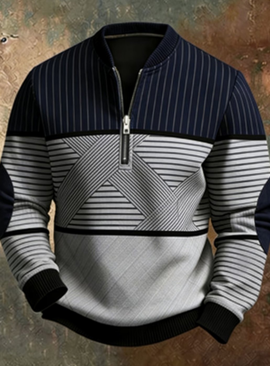 Herren Half-Zip Pullover mit Reißverschluss Geometrischem Muster - Schwarz