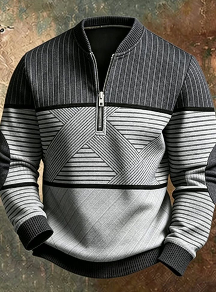 Herren Half-Zip Pullover mit Reißverschluss Geometrischem Muster - Grau