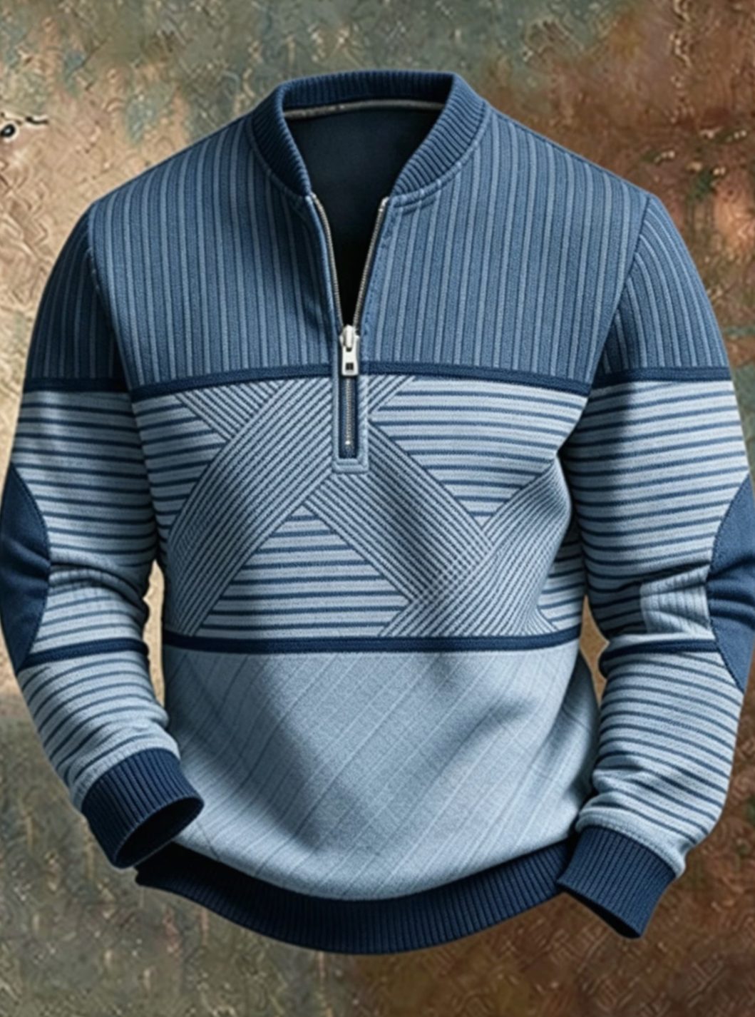 Herren Half-Zip Pullover mit Reißverschluss Geometrischem Muster - Blau