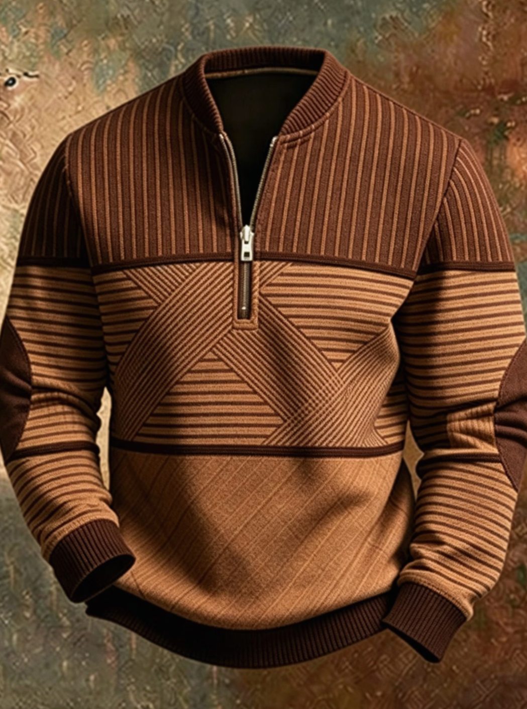Herren Half-Zip Pullover mit Reißverschluss Geometrischem Muster - Braun