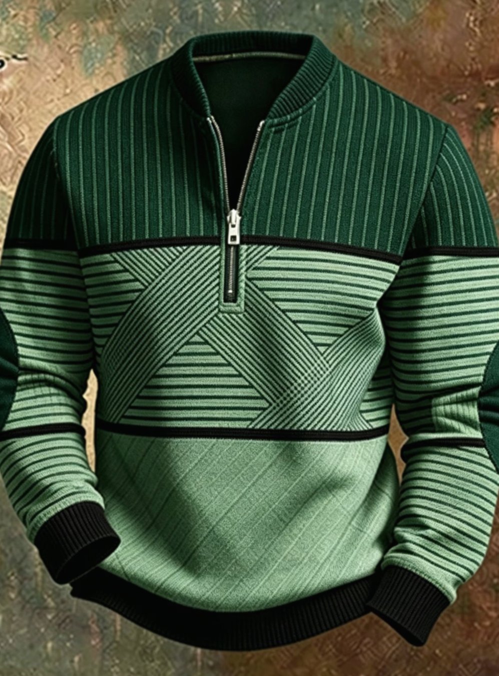 Herren Half-Zip Pullover mit Reißverschluss Geometrischem Muster - Grün