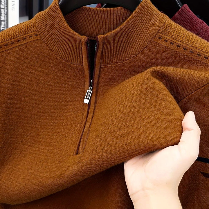Herren Half-Zip Stehkragen Pullover mit Reißverschluss - Rostbraun