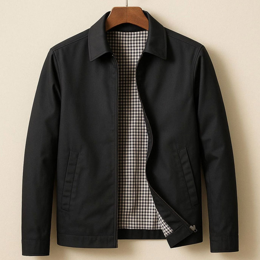 Herren Harrington-Bomberjacke mit kariertem Innenfutter und Reißverschluss - Schwarz