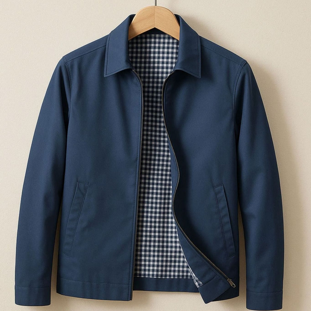 Herren Harrington-Bomberjacke mit kariertem Innenfutter und Reißverschluss - Blau