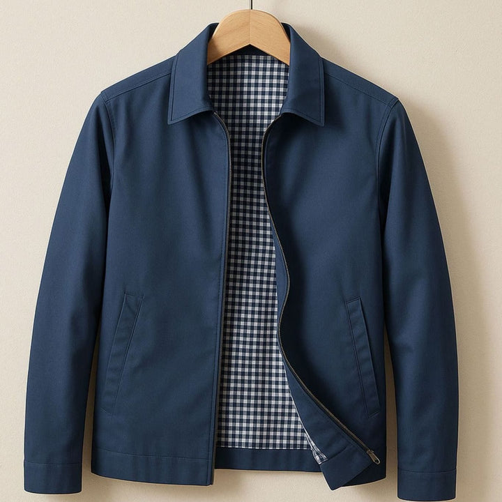 Herren Harrington-Bomberjacke mit kariertem Innenfutter und Reißverschluss - Blau