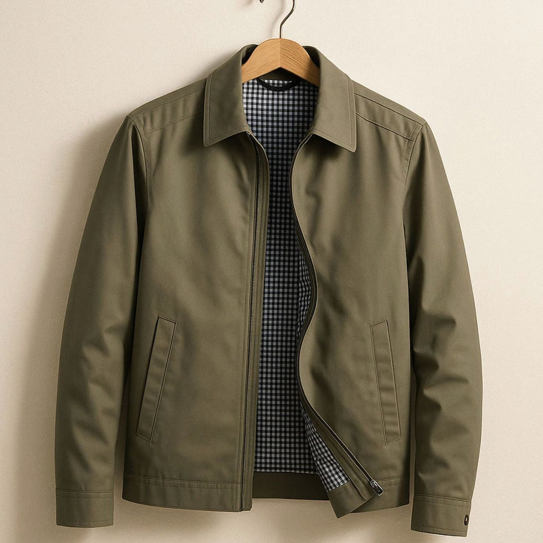 Herren Harrington-Bomberjacke mit kariertem Innenfutter und Reißverschluss - Khaki