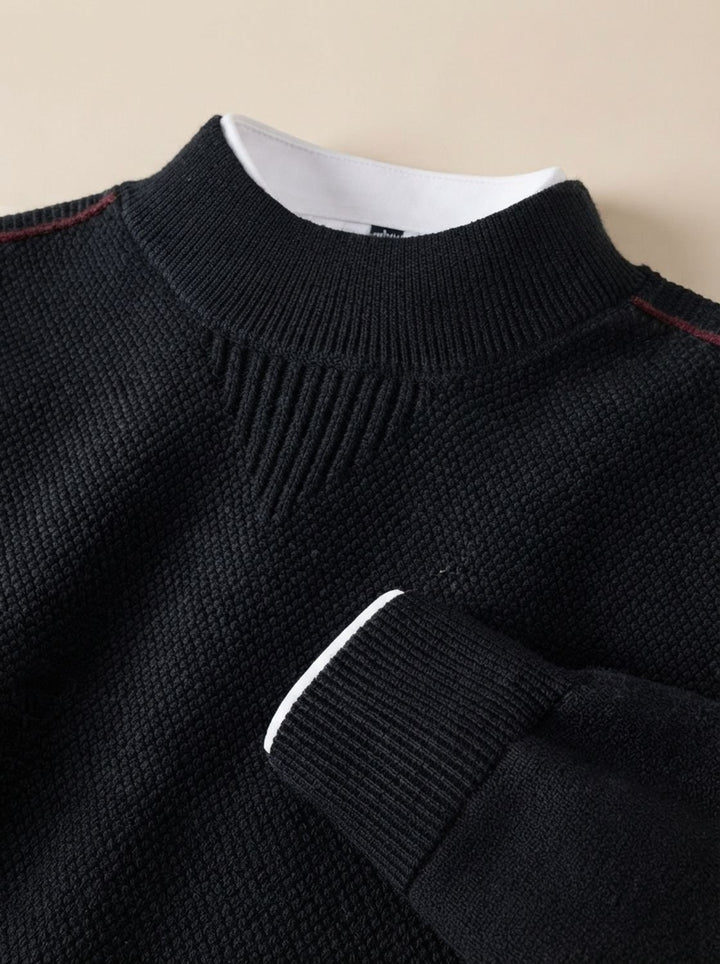 Herren Jacquard-Strickpullover mit Rippenrundhals Regular Fit - Schwarz