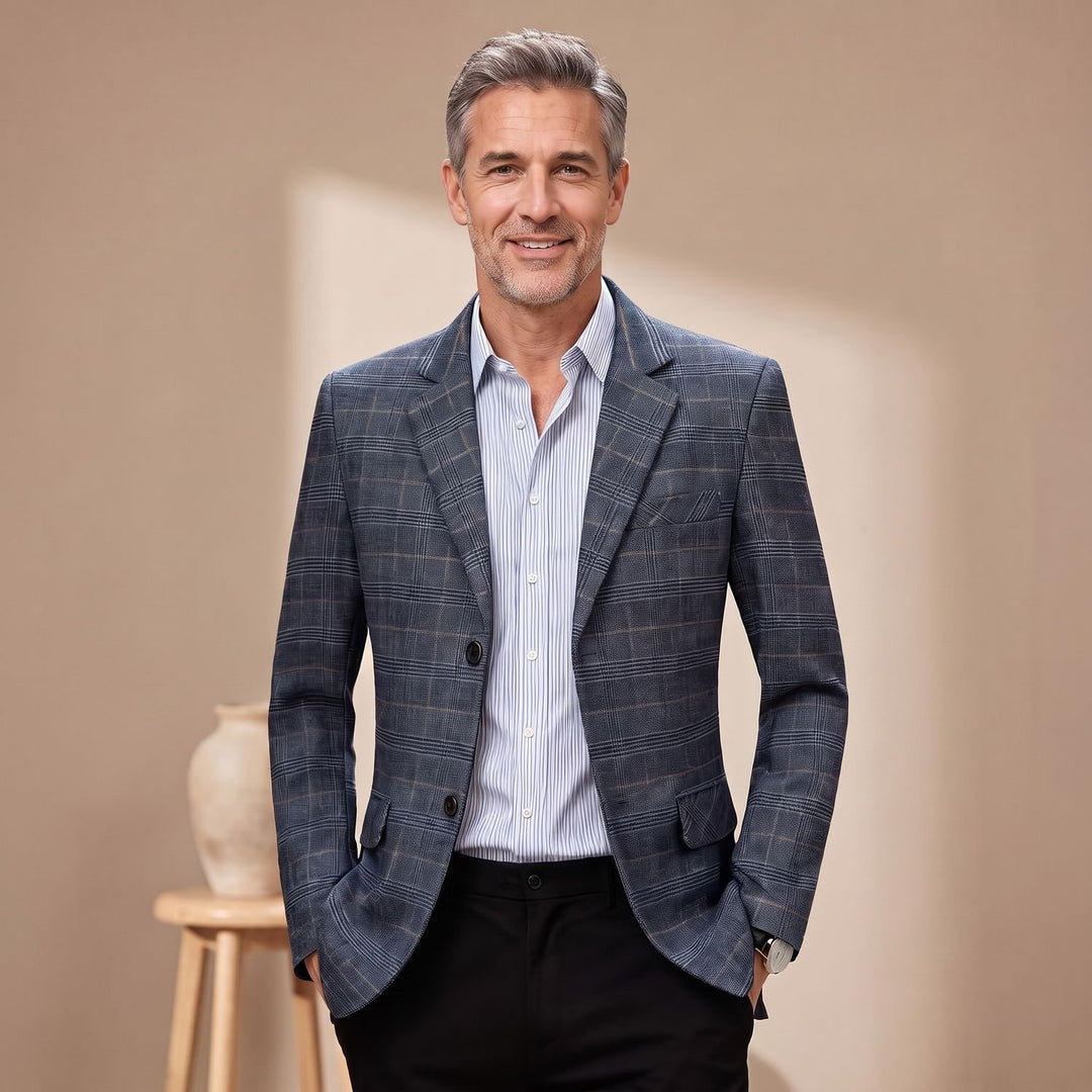Herren Karierter Einreihiger Slim-Fit Blazer mit Revers