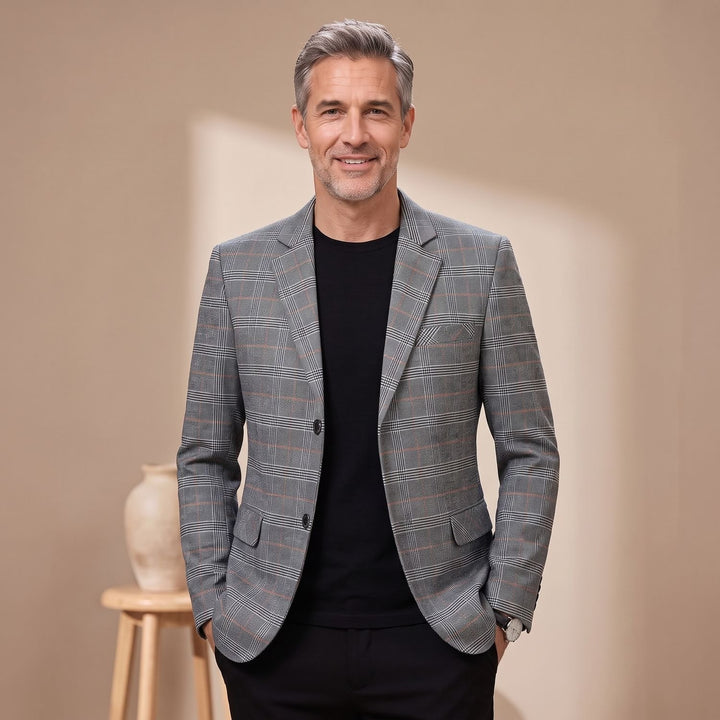 Herren Karierter Einreihiger Slim-Fit Blazer mit Revers - Grau