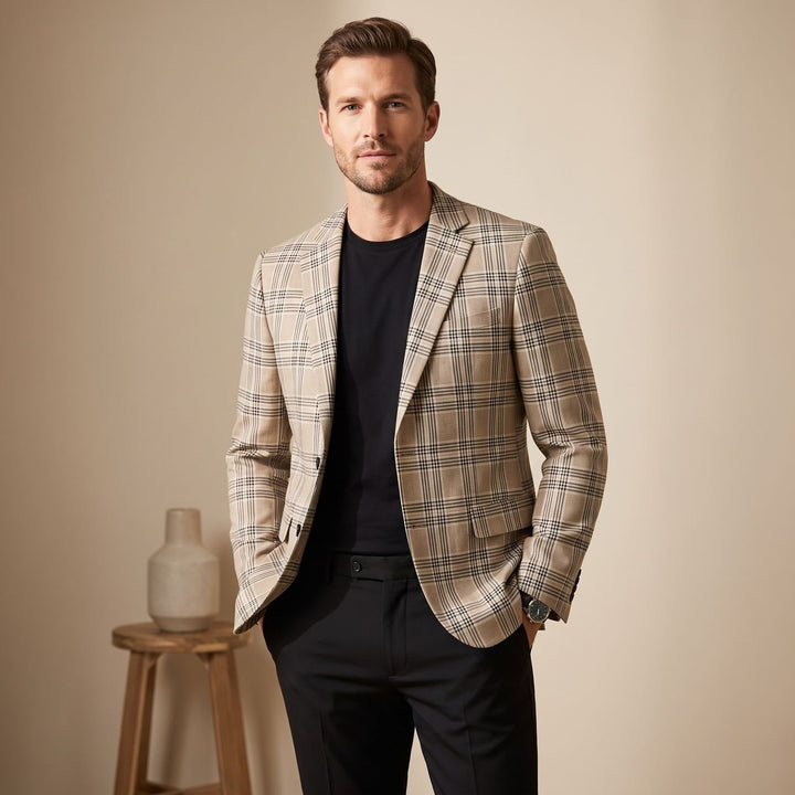 Herren Karierter Einreihiger Slim-Fit Blazer mit Revers - Braun