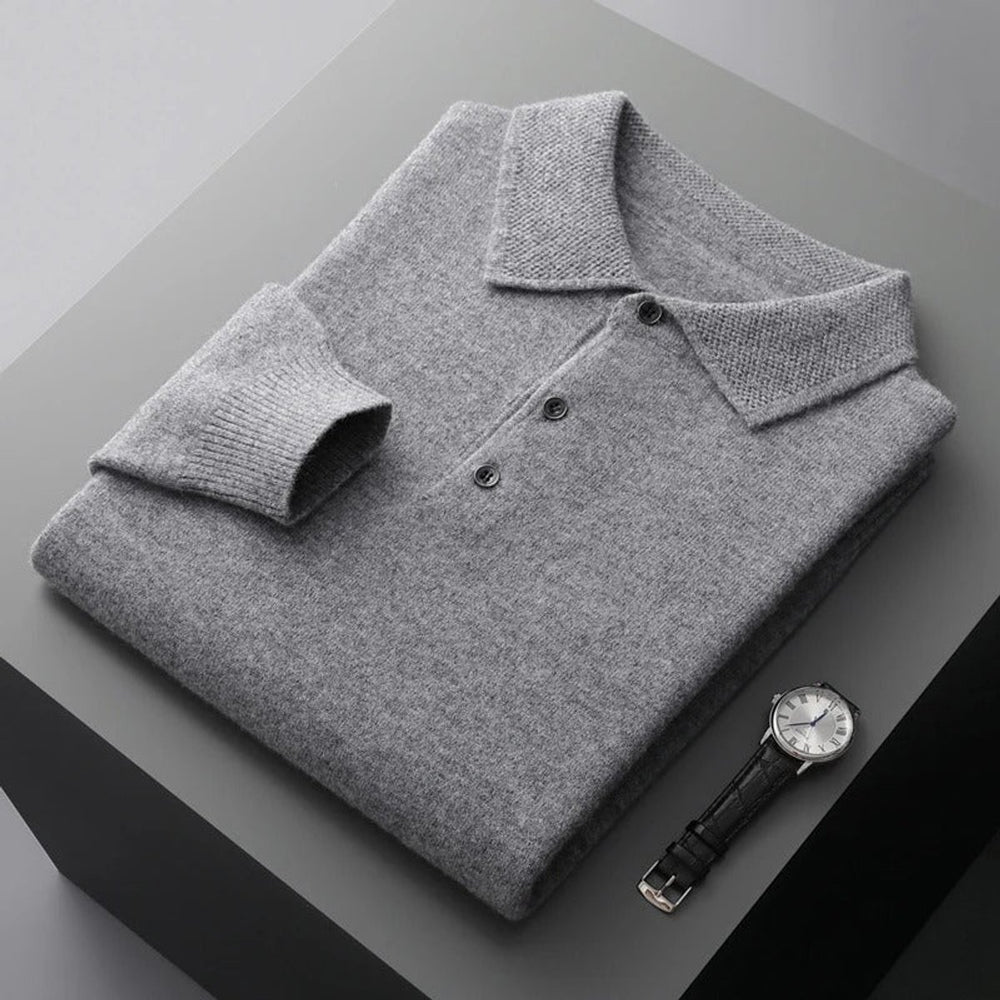 Herren Kaschmir Polo Knit Sweater Langarm Business Strickpullover - Grau