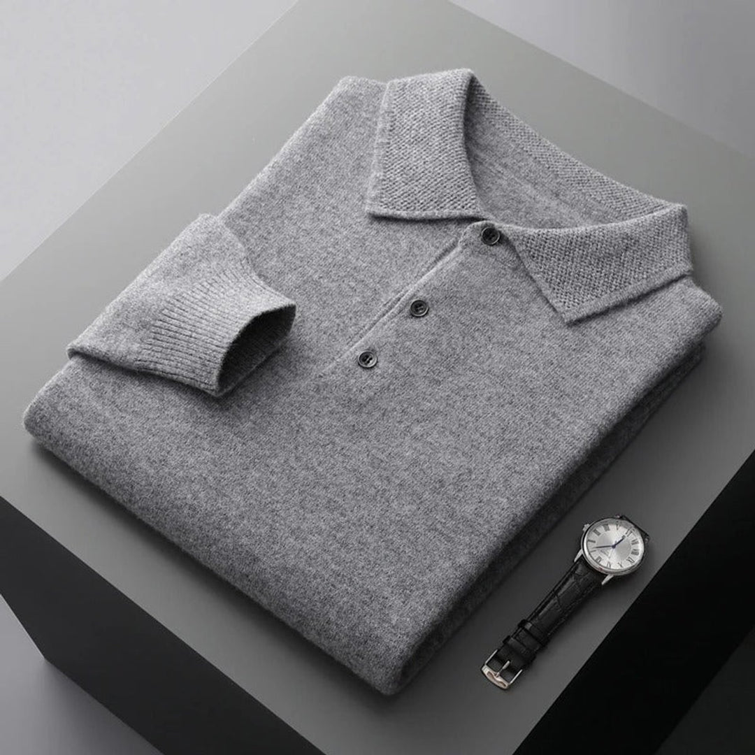 Herren Kaschmir Polo Knit Sweater Langarm Business Strickpullover - Grau
