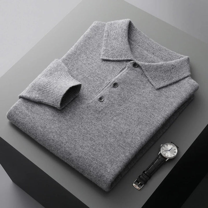 Herren Kaschmir Polo Knit Sweater Langarm Business Strickpullover - Grau