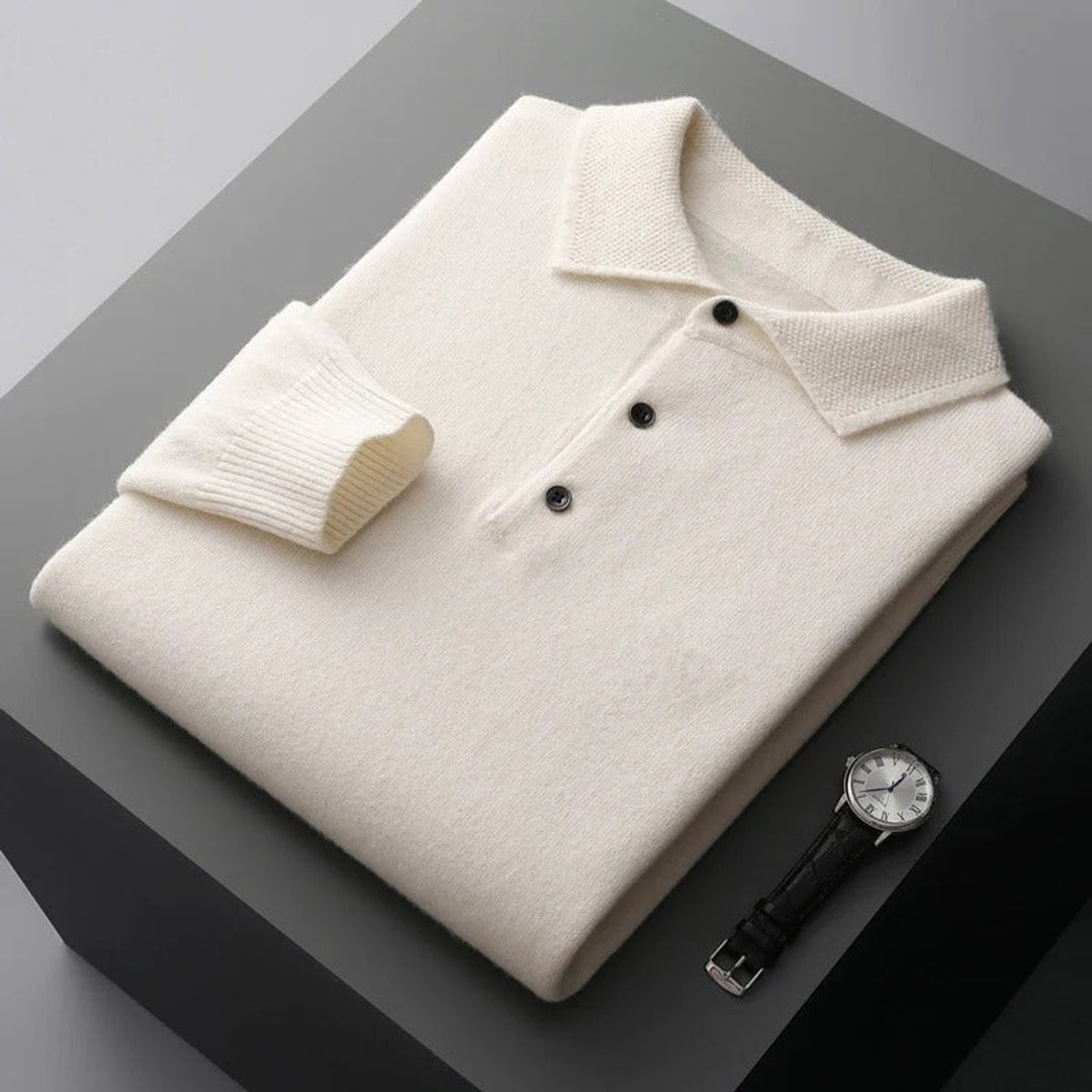 Herren Kaschmir Polo Knit Sweater Langarm Business Strickpullover - Weiß