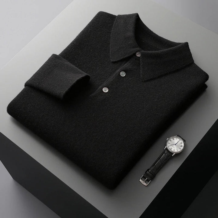Herren Kaschmir Polo Knit Sweater Langarm Business Strickpullover - Schwarz