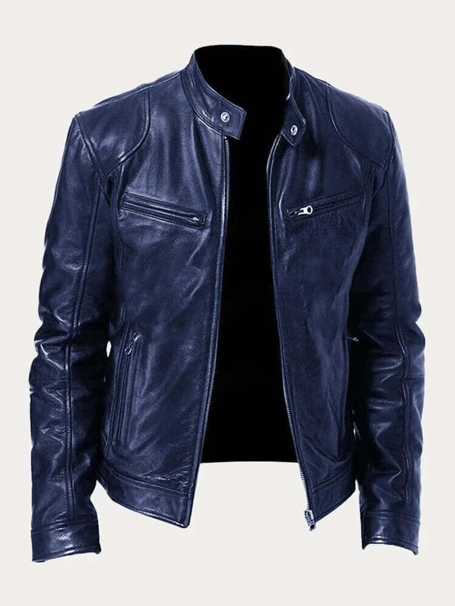 Herren Klassische Slim-Fit Echtleder Bikerjacke - Dunkelblau