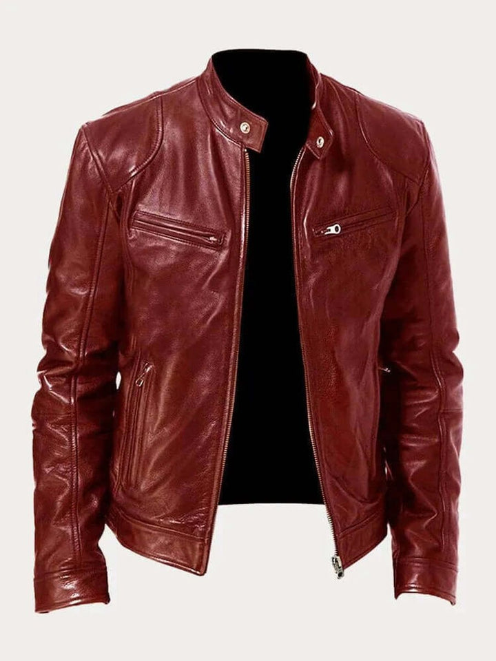 Herren Klassische Slim-Fit Echtleder Bikerjacke - Burgunderrot