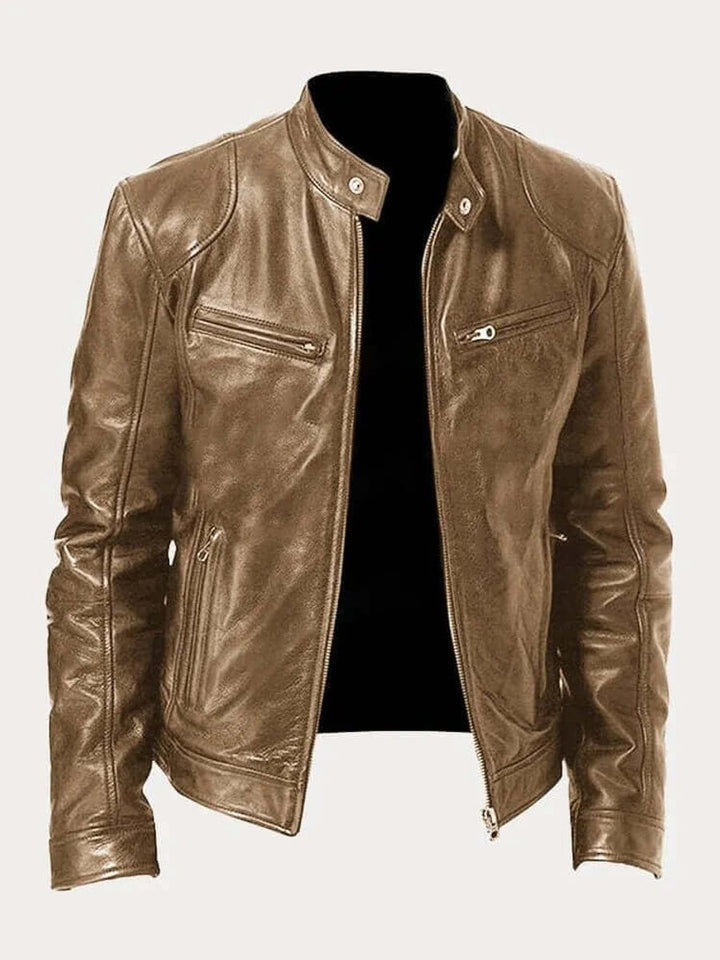 Herren Klassische Slim-Fit Echtleder Bikerjacke - Khaki