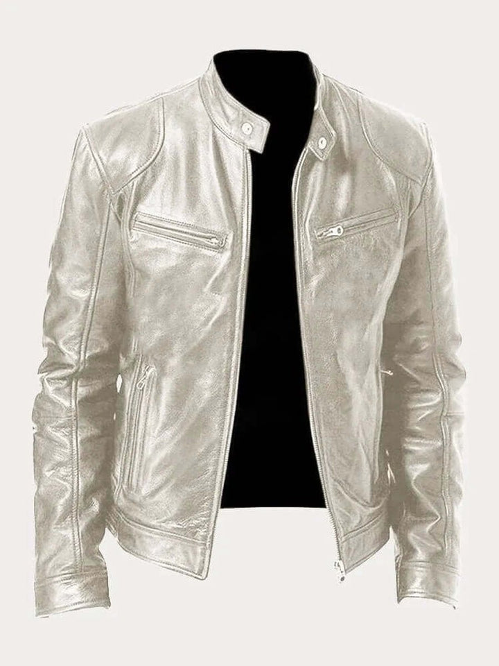 Herren Klassische Slim-Fit Echtleder Bikerjacke - Silber