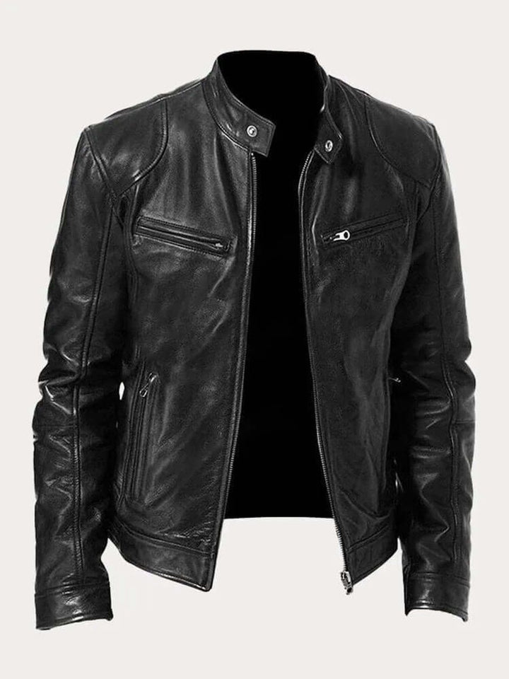 Herren Klassische Slim-Fit Echtleder Bikerjacke - Schwarz