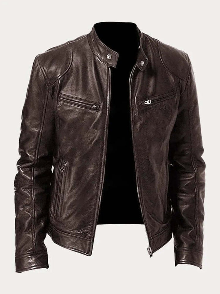 Herren Klassische Slim-Fit Echtleder Bikerjacke - Braun