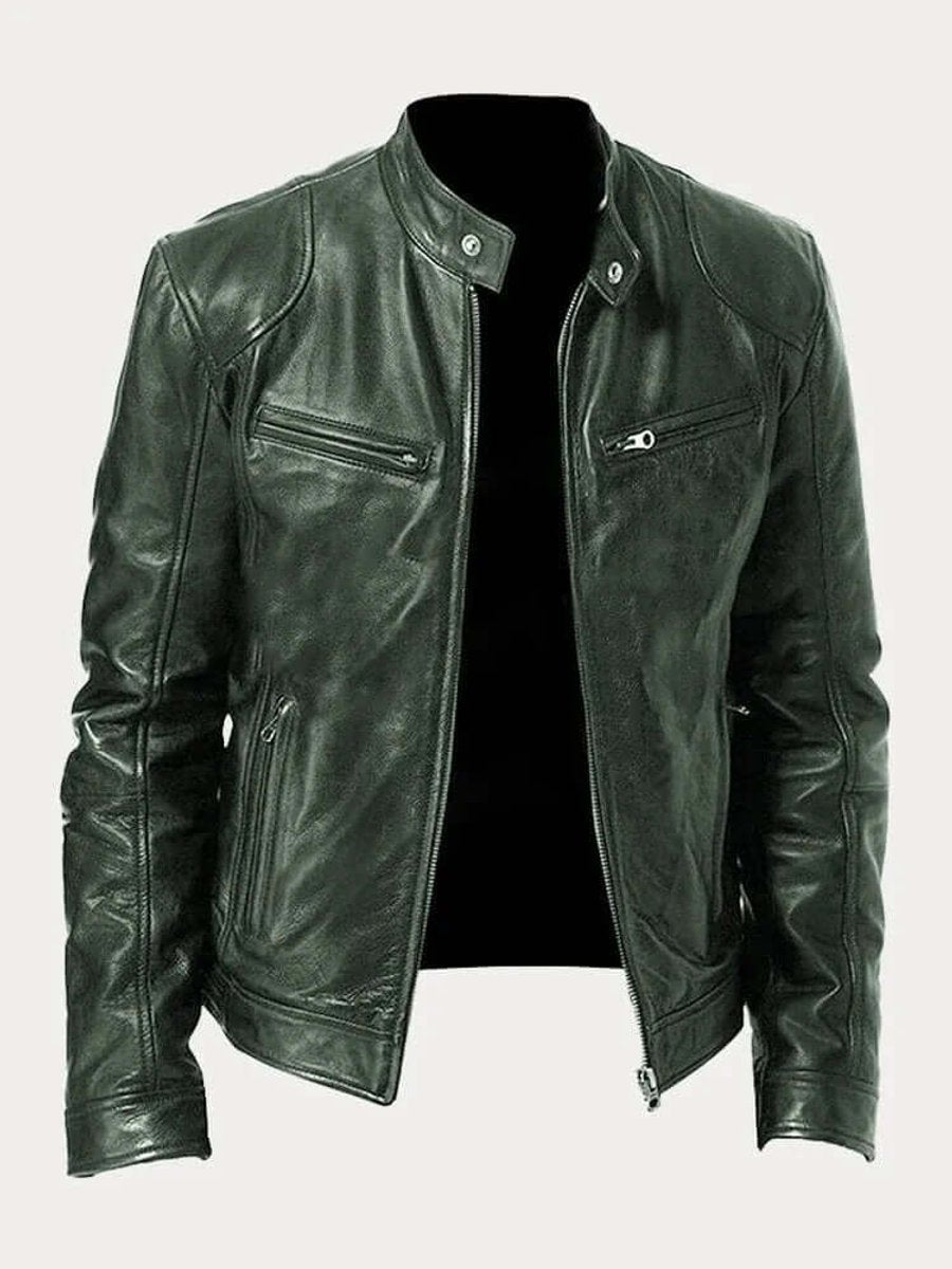 Herren Klassische Slim-Fit Echtleder Bikerjacke - Militärgrün