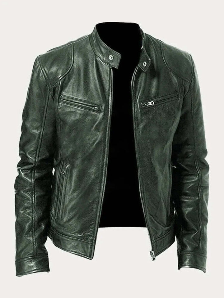 Herren Klassische Slim-Fit Echtleder Bikerjacke - Militärgrün
