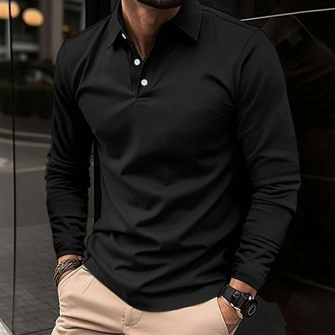 Herren Klassisches Langarm-Poloshirt Slim-Fit Schlanker Schnitt - Schwarz