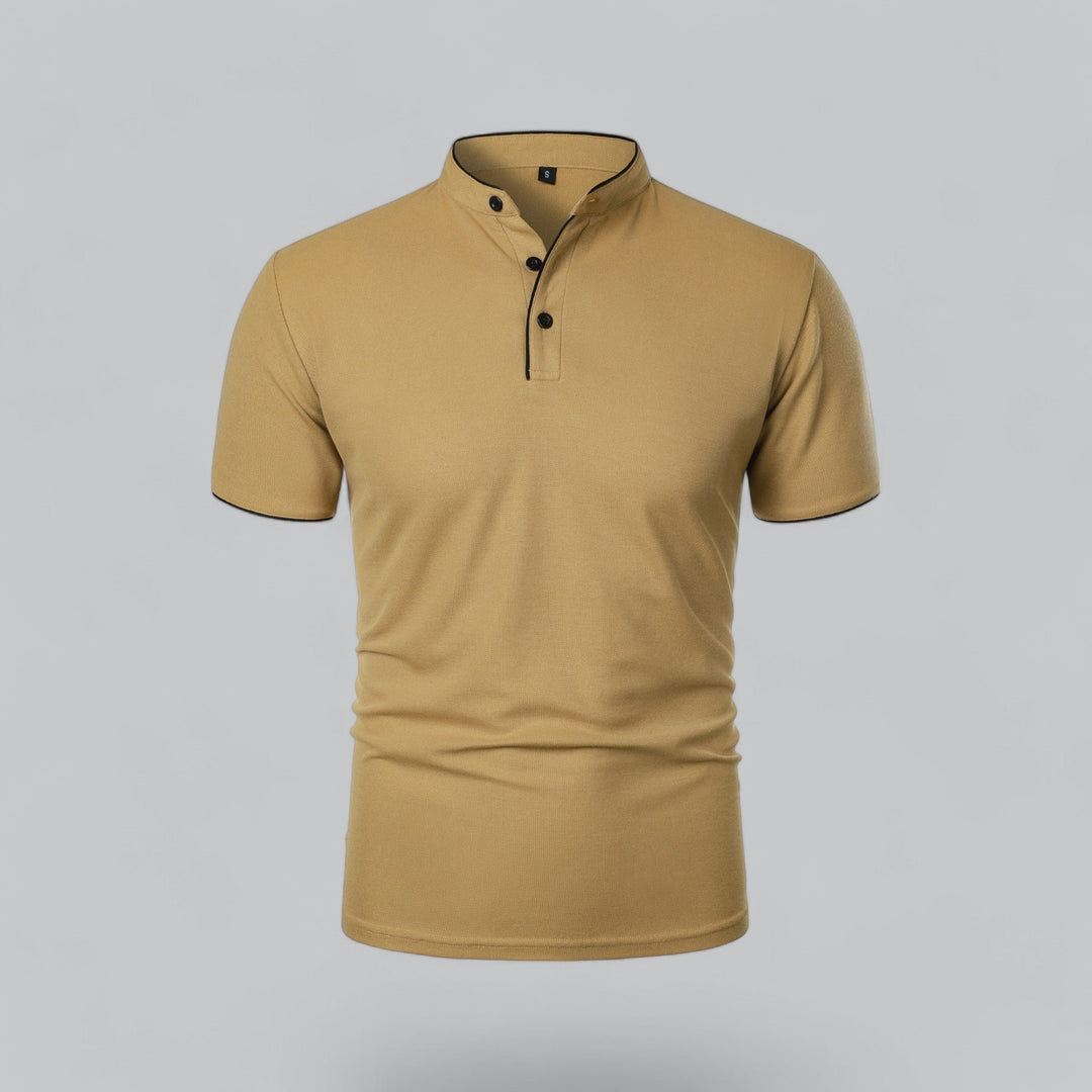 Herren Kragenlos Baumwoll Poloshirt Kurze Ärmel - Khaki
