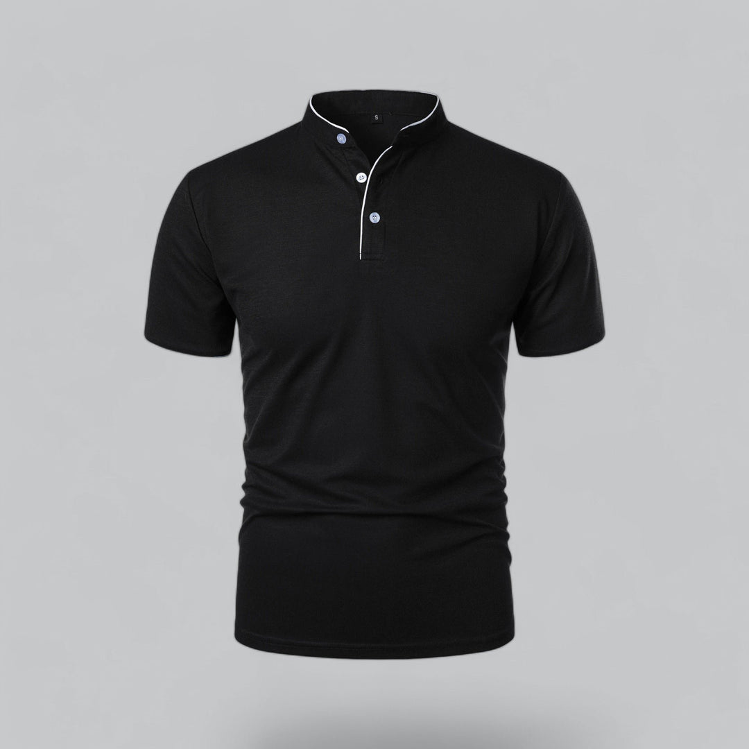 Herren Kragenlos Baumwoll Poloshirt Kurze Ärmel - Black