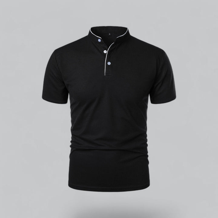 Herren Kragenlos Baumwoll Poloshirt Kurze Ärmel - Black