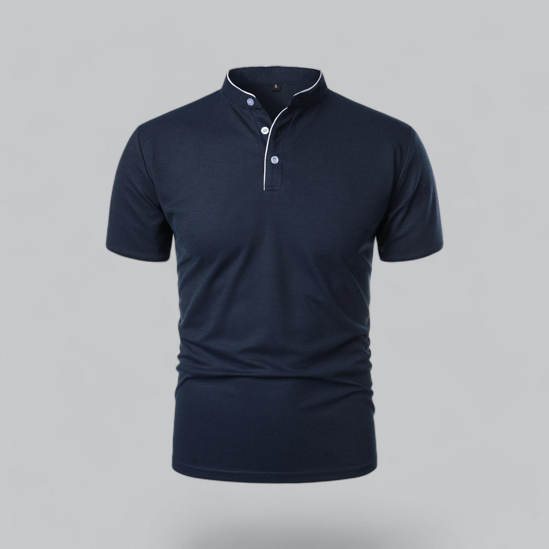 Herren Kragenlos Baumwoll Poloshirt Kurze Ärmel - Navy Blue