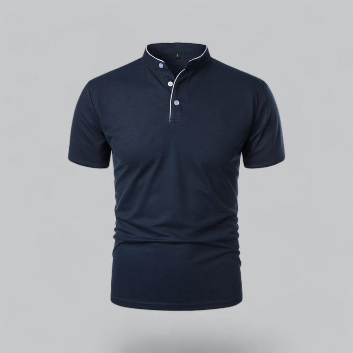 Herren Kragenlos Baumwoll Poloshirt Kurze Ärmel - Navy Blue